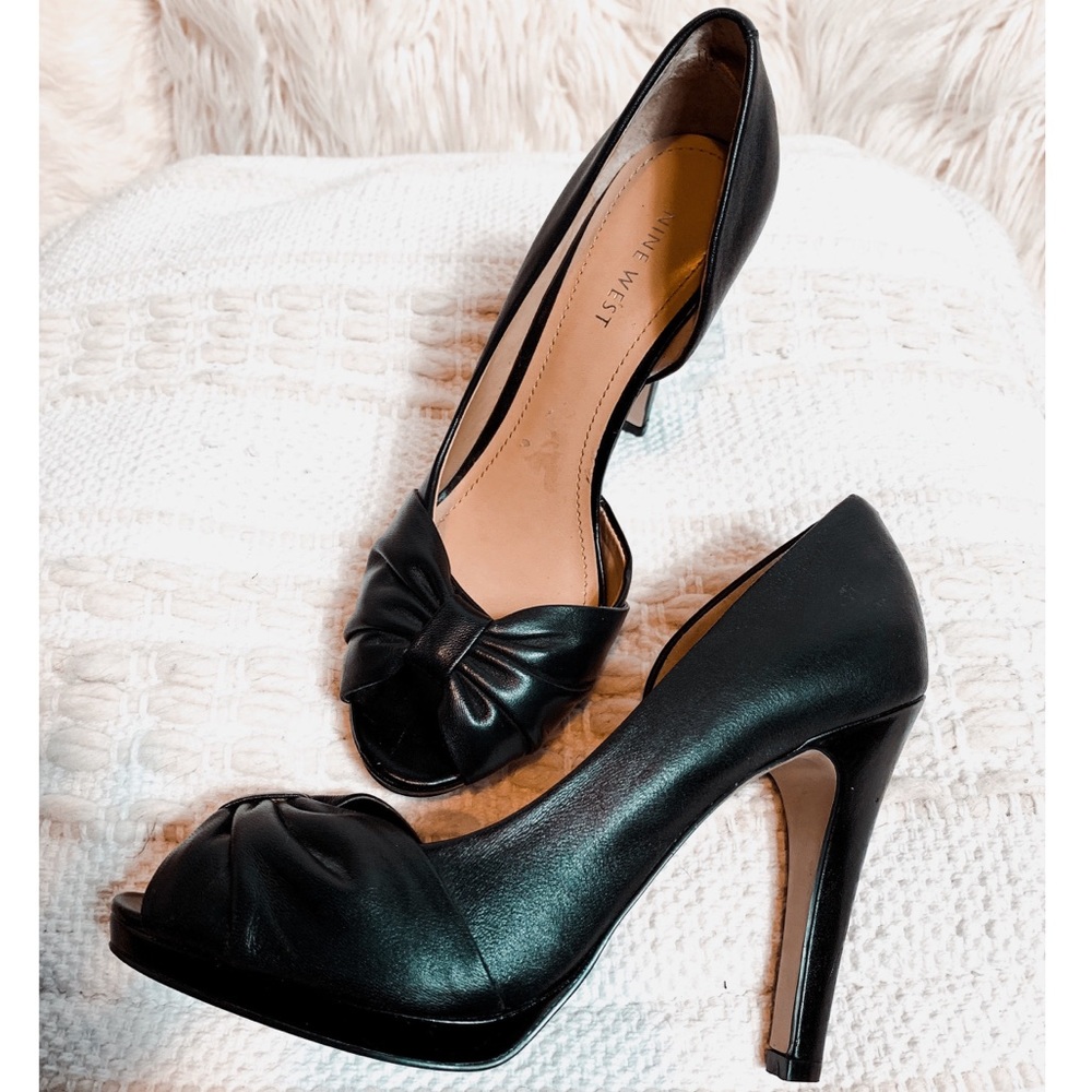 Nine West Bow Peep Toe Black Leather Heels